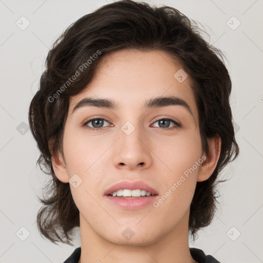 Joyful white young-adult female with medium  brown hair and brown eyes