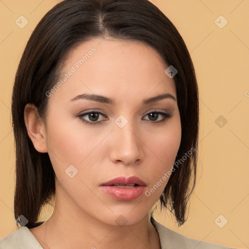 Neutral white young-adult female with medium  brown hair and brown eyes