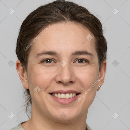 Joyful white young-adult female with medium  brown hair and brown eyes