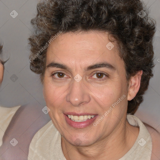 Joyful white adult female with short  brown hair and brown eyes