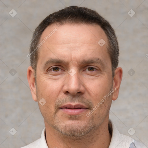 Neutral white adult male with short  brown hair and brown eyes