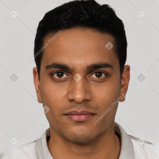 Neutral latino young-adult male with short  black hair and brown eyes