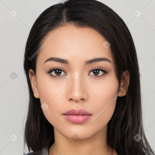 Neutral latino young-adult female with long  black hair and brown eyes