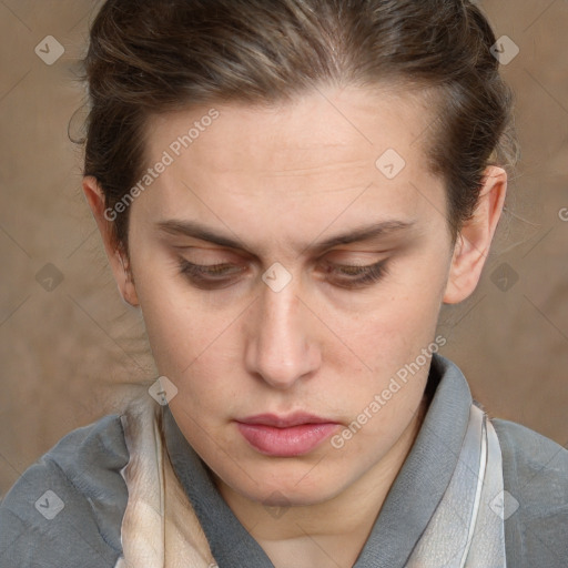 Neutral white adult female with short  brown hair and brown eyes