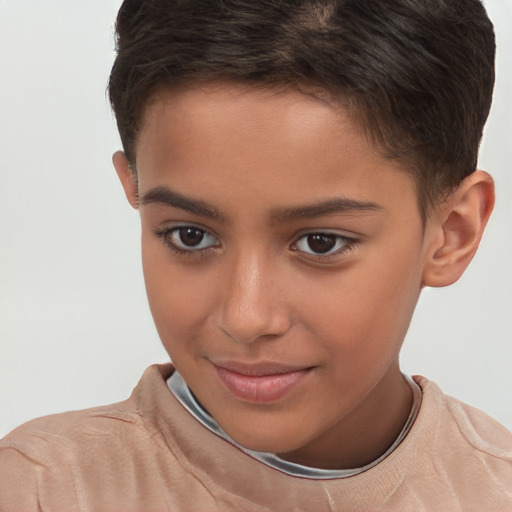 Joyful white child female with short  brown hair and brown eyes