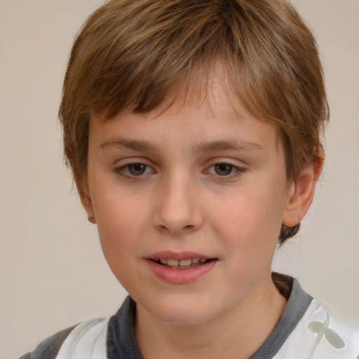 Joyful white child male with medium  brown hair and brown eyes