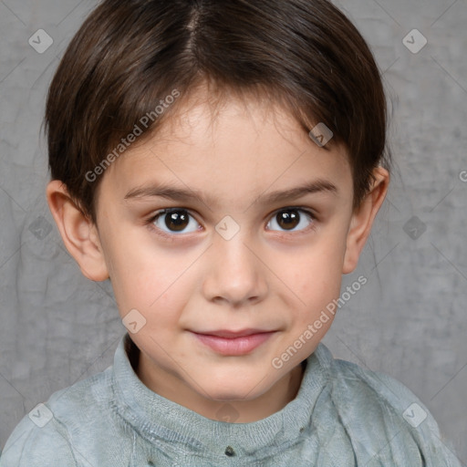 Joyful white child female with short  brown hair and brown eyes