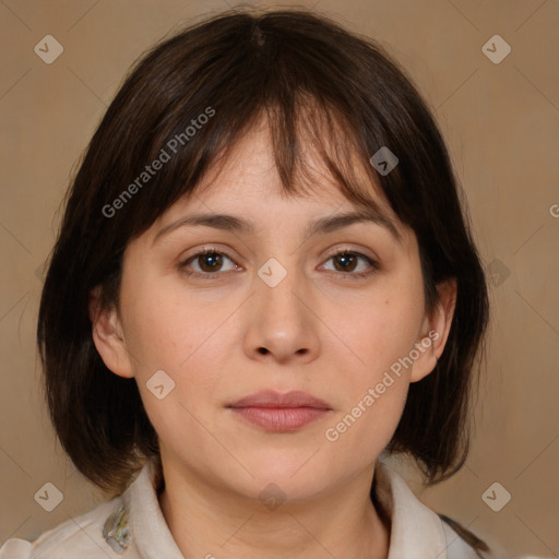 Neutral white young-adult female with medium  brown hair and brown eyes