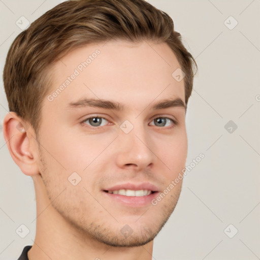 Neutral white young-adult male with short  brown hair and brown eyes