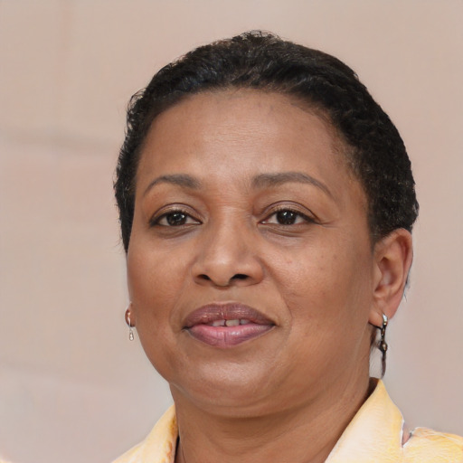 Joyful latino adult female with short  brown hair and brown eyes