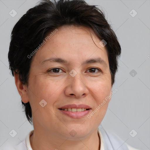 Joyful white adult female with short  brown hair and brown eyes