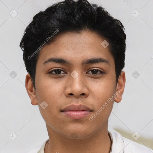 Neutral latino young-adult female with short  brown hair and brown eyes