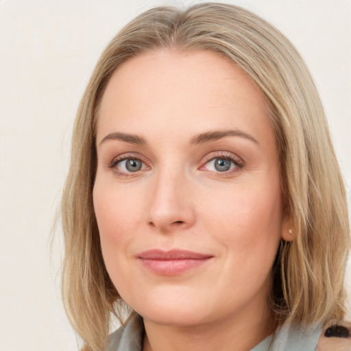 Joyful white young-adult female with medium  brown hair and blue eyes