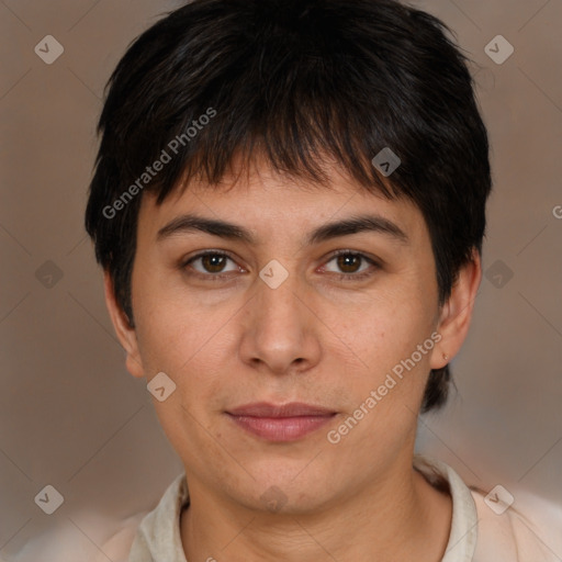 Joyful white young-adult female with short  brown hair and brown eyes