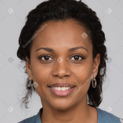 Joyful black young-adult female with medium  black hair and brown eyes