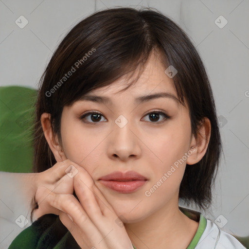 Neutral white young-adult female with medium  brown hair and brown eyes
