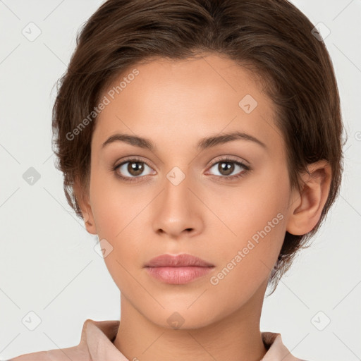 Neutral white young-adult female with short  brown hair and brown eyes