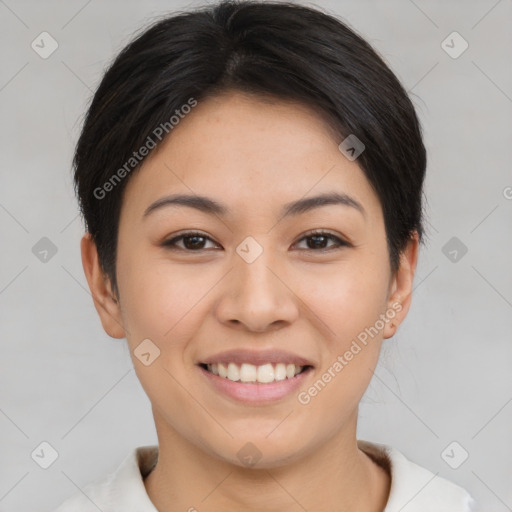 Joyful asian young-adult female with short  brown hair and brown eyes