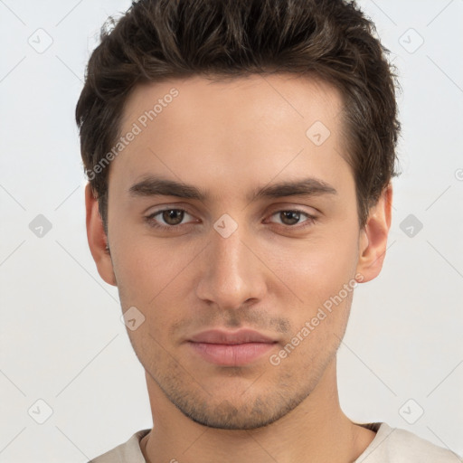 Neutral white young-adult male with short  brown hair and brown eyes