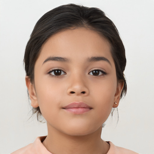 Joyful asian child female with medium  brown hair and brown eyes