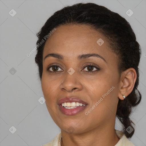 Joyful black young-adult female with medium  brown hair and brown eyes