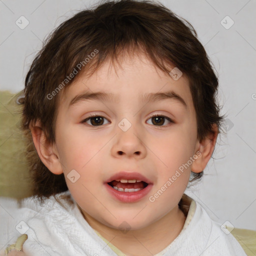 Joyful white child female with medium  brown hair and brown eyes