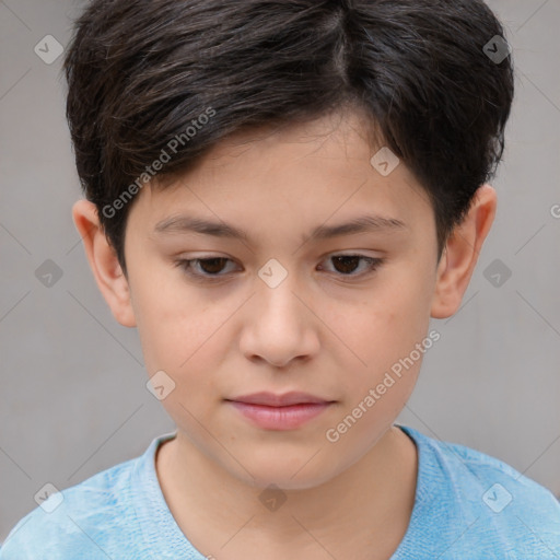 Joyful white child female with medium  brown hair and brown eyes