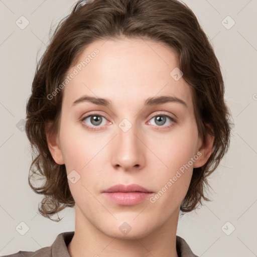 Neutral white young-adult female with medium  brown hair and grey eyes