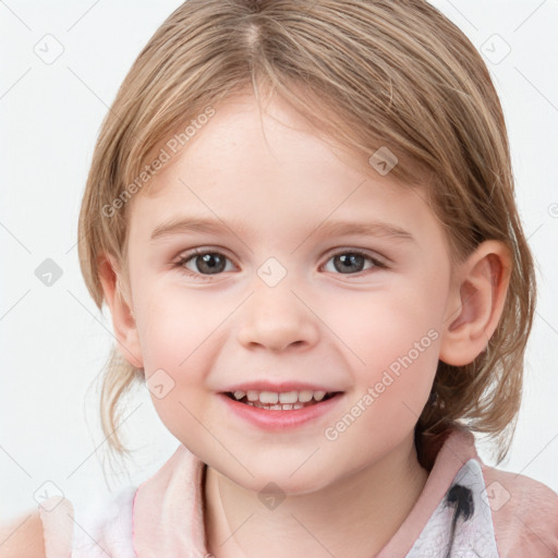 Joyful white child female with medium  brown hair and blue eyes