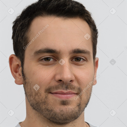 Joyful white young-adult male with short  brown hair and brown eyes