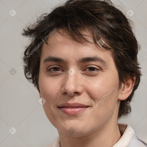 Joyful white young-adult male with medium  brown hair and brown eyes