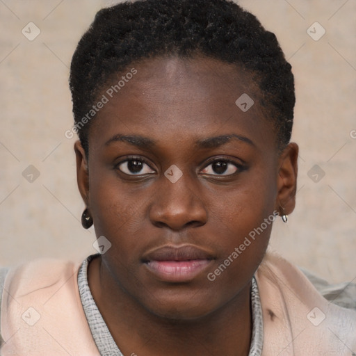 Neutral black young-adult female with short  brown hair and brown eyes