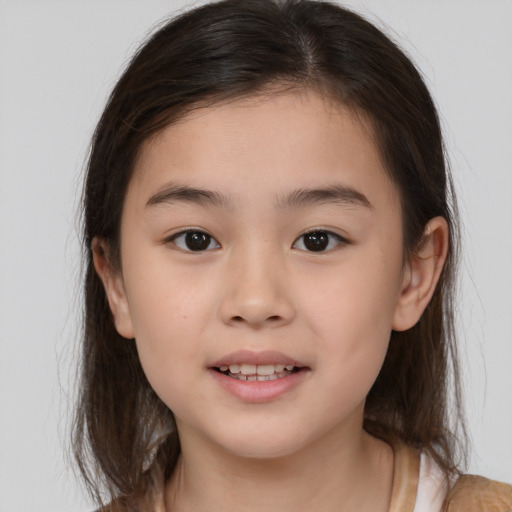 Joyful white child female with medium  brown hair and brown eyes