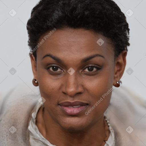 Joyful black young-adult female with short  brown hair and brown eyes