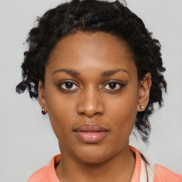 Neutral black young-adult female with short  black hair and brown eyes