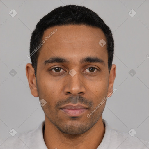 Neutral latino young-adult male with short  black hair and brown eyes