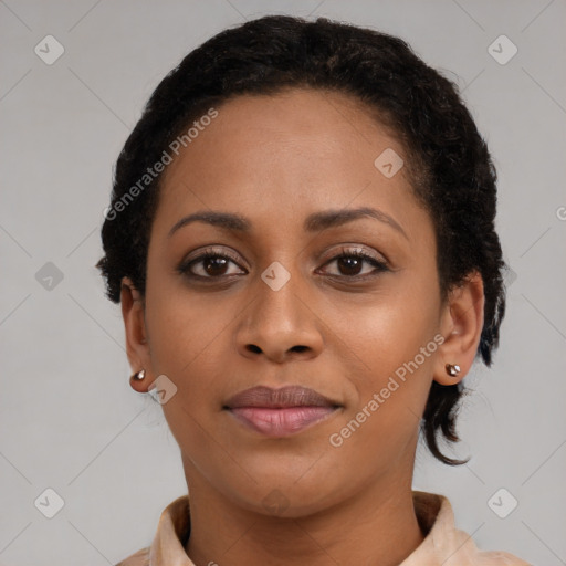 Joyful latino young-adult female with short  brown hair and brown eyes