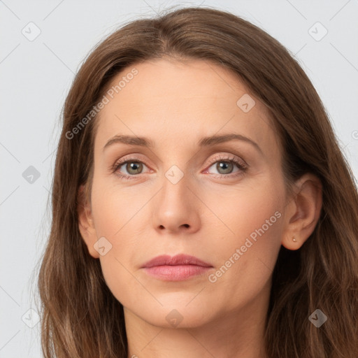 Neutral white young-adult female with long  brown hair and grey eyes