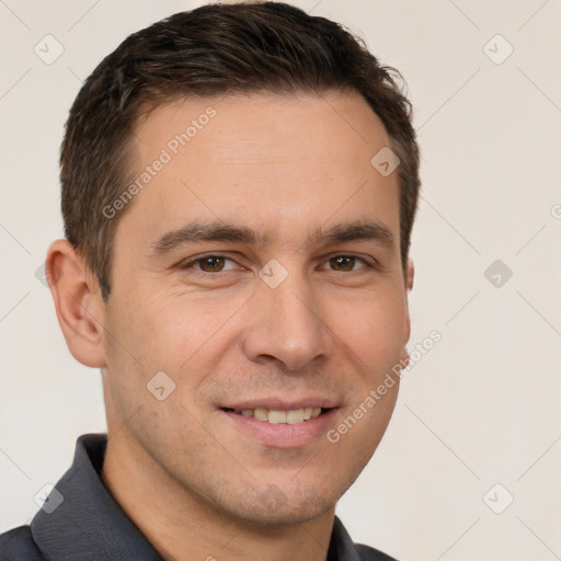 Joyful white young-adult male with short  brown hair and brown eyes