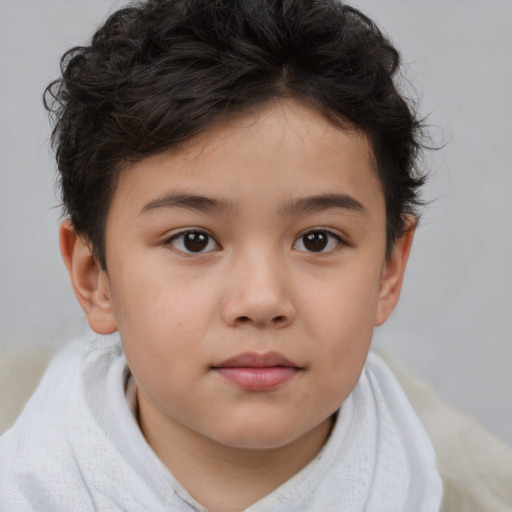 Joyful white child female with short  brown hair and brown eyes