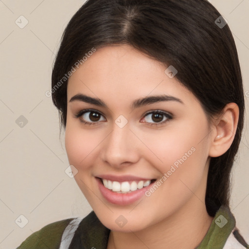 Joyful white young-adult female with medium  brown hair and brown eyes