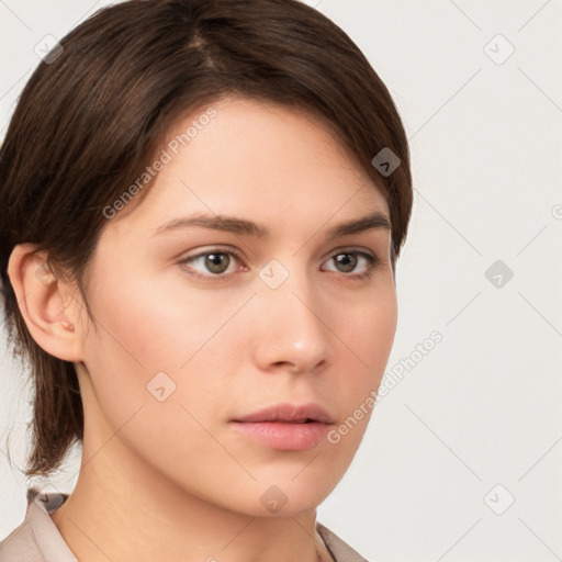 Neutral white young-adult female with short  brown hair and brown eyes