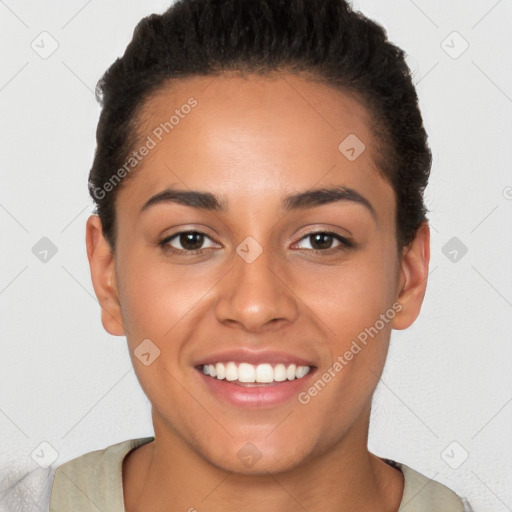 Joyful white young-adult female with short  black hair and brown eyes