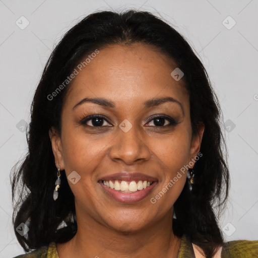 Joyful black young-adult female with medium  brown hair and brown eyes