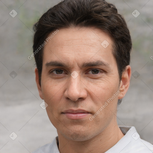 Neutral white adult male with short  brown hair and brown eyes