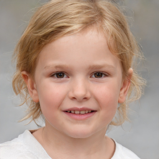 Joyful white child female with medium  brown hair and brown eyes