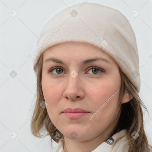 Neutral white young-adult female with medium  brown hair and grey eyes