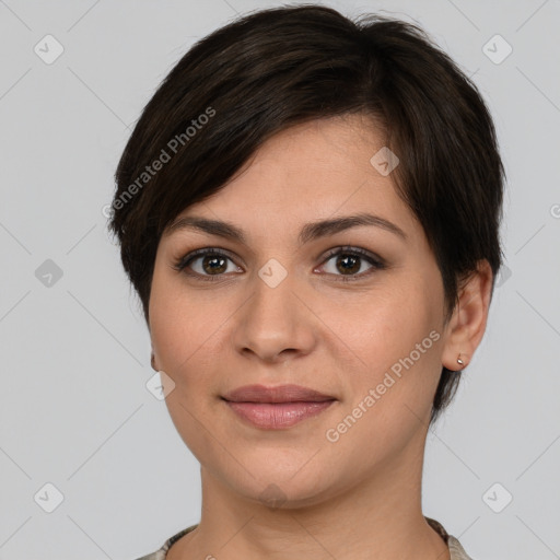 Joyful white young-adult female with short  brown hair and brown eyes