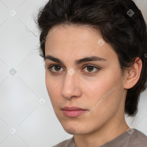 Neutral white young-adult female with medium  brown hair and brown eyes