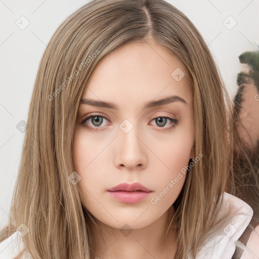 Neutral white young-adult female with long  brown hair and brown eyes